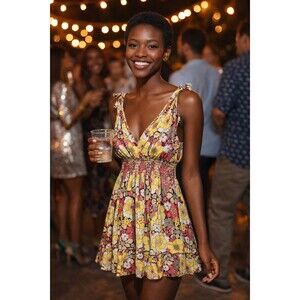 Mayarena Boho Milkmaid Dress Size XS/S Smock Waist Ruffle Flirty Florals rayon